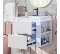 OOIILLEE Meuble Salle de Bain Mural 60x46x48,5cm avec éclairage LED à capteur Radar,2 étagères latérales,Meuble sous-Vasque avec 2 tiroirs et glissières silencieuses,lavabo intégré, entièrement laqué