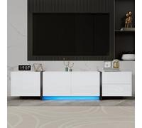 OOIILLEE Meuble TV, Buffet Bas, Meuble TV LED, Meuble Blanc Brillant et Pieds de Table Noirs Contrastants, avec Portes et tiroirs Simples, avec Bande Lumineuse LED