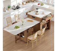 OOIILLEE Table a Manger Extensible avec Espace de Rangement, Desserte Cuisine avec 2 tiroirs et 2 étagères latérales Ouvertes et Prise de Courant intégrée, Chariot de Cuisine Noyer(110-124×78×97,5cm)