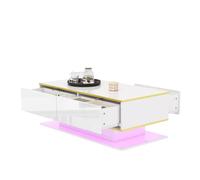 OOIILLEE Table Basse LED Moderne - Plateau Brillant, Bordure dorée, 3 tiroirs + Rangement Ouvert, Bande Lumineuse RGB 16M Couleurs (White+Gold)