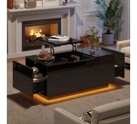 OOIILLEE Table Basse Lumineuse à LED avec Plateau relevable, Table Basse Extensible, Table Centrale avec 2 tiroirs et Surface d'affichage Transparente pour Le Salon (Noir)