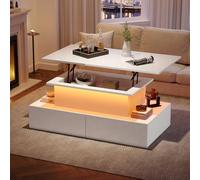 OOIILLEE Table Basse Moderne à LED avec Espace de Rangement caché, réglable en Hauteur hydrauliquement, contrôle APP Bluetooth, Tables Basses relevables pour Le Salon (blanc-90 * 55 * 41)