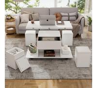 OOIILLEE Table Basse multifonctionnelle relevable avec Espace de Rangement caché, Centre de Table en Bois, Tables Basses élégantes pour Le Salon (avec 4 tabourets)