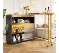 OOIILLEE Table de Bar Extensible avec Espace de Rangement, îlot de Cuisine, Meuble de Bar Mobile Moderne avec LED, Tables de bistrot pour Salle à Manger, Salon (Noir+Doré)