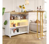 OOIILLEE Table de Bar Extensible avec Espace de Rangement, îlot de Cuisine, Meuble de Bar Mobile Moderne avec LED, Tables de bistrot pour Salle à Manger, Salon (Blanc+Doré)