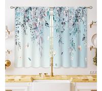 oolygoo Rideaux Courts pour fenêtre de Cuisine de Ferme et Salle de Bain, Motif de Feuilles d'eucalyptus, Papillon, Fleurs, Bleu et Gris, café, 70,9 x 99,1 cm