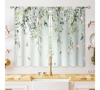 oolygoo Rideaux Courts pour fenêtre de Cuisine de Ferme et Salle de Bain, Motif de Feuilles d'eucalyptus, Papillon, Fleurs, Vert Sauge, café, 70,9 x 99,1 cm