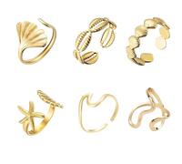 oooaooo Lot de 6 bagues dorées semi-ouvertes en or pour femme, bijoux d'été, bijoux imperméables, beaux et durables, convient pour les rendez-vous, le travail, les voyages et l'utilisation quotidienne