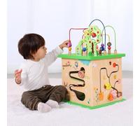 OOOK 5-en-1 Cube d'Activité en Bois, Table Centre d'activité Bébé Motricité, Jouet Éducatif et Puzzle en Bois pour Tout-Petits, avec Amis Animaux, Formes, Labyrinthes et Tri de Formes