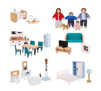 OOOK Kit de Meubles de Maison de Poupée en Bois, 26 Pièces Accessoires Maison de Poupée avec 4 Poupées de Famille et Un Chien, Jeu de Simulation pour Filles et Garçons Âgés de 3 Ans Plus