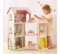 OOOK Maison de Poupées en Bois, Maison de Poupee avec 60 Accessoires et Meubles Comprenant 4 Poupées, Grande Maison de Poupees à 3 étages et 6 pièces pour Enfants