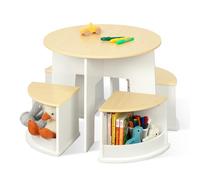 OOOK Table Enfant avec 4 Chaise, Table Ronde en Bois avec 4 tabourets à Rangement, Tables et chaises pour Enfants dédiés à l'art, l'artisanat, la Lecture et Les Jeux