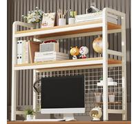 OOPDNEGAK Bibliothèque De Bureau À 2 Niveaux, Étagère De Comptoir Polyvalente en Métal/Bois, Bibliothèque pour Ordinateur, Étagère De Rangement De Bureau Autonome avec Grille(White,135 * 20 * 98CM)