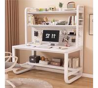 OOPDNEGAK Bureau À Domicile avec Étagère Et Étagère De Rangement en Métal - Grand Bureau D'ordinateur avec Bibliothèque Et Clapier, Poste De Travail avec Panneau Perforé(White White,39.3x23.6x70in)