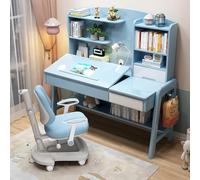 OOPDNEGAK Bureau D'étude en Bois avec Tiroirs, Hauteur Réglable De 0 À 60°, Inclinable pour Enfants De 5 À 12 Ans, Table D'écriture avec Étagère pour Petits Espaces(Blue,120cm)