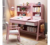 OOPDNEGAK Bureau D'étude en Bois avec Tiroirs, Hauteur Réglable De 0 À 60°, Inclinable pour Enfants De 5 À 12 Ans, Table D'écriture avec Étagère pour Petits Espaces(Pink,120cm)