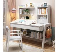 OOPDNEGAK Bureau D'étude en Bois avec Tiroirs, Hauteur Réglable De 0 À 60°, Inclinable pour Enfants De 5 À 12 Ans, Table D'écriture avec Étagère pour Petits Espaces(White,120cm)