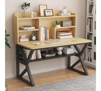 OOPDNEGAK Bureau D'ordinateur avec Support De Rangement, Bureau Moderne À Cadre en Métal, D'écriture en Bois Massif, Grande Table De Travail D'écriture(A,100cm/39inch)