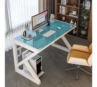 OOPDNEGAK Bureau D'ordinateur Contemporain en Verre Trempé Grand Bureau À Domicile(Blue+White Frame,100x60x75cm)
