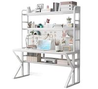 OOPDNEGAK Grand Bureau D'ordinateur Moderne avec Cadre en Métal Et Étagère De Rangement, Table D'étude pour Bureau À Domicile, De Jeu avec Panneau Perforé(White White,35.4")
