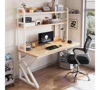 OOPDNEGAK Grande Table D'ordinateur, Table D'étude, Poste De Travail for Bureau À Domicile avec Clapier, Bureau De Jeu, Support De Rangement À Cadre Métallique(White-Light Walnut,L120CM)
