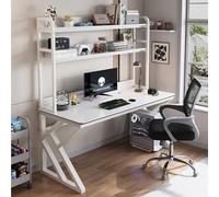 OOPDNEGAK Grande Table D'ordinateur, Table D'étude, Poste De Travail for Bureau À Domicile avec Clapier, Bureau De Jeu, Support De Rangement À Cadre Métallique(White-Stripe White,L80CM)