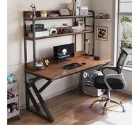 OOPDNEGAK Grande Table D'ordinateur, Table D'étude, Poste De Travail for Bureau À Domicile avec Clapier, Bureau De Jeu, Support De Rangement À Cadre Métallique(Black-Dark Walnut,140CM)
