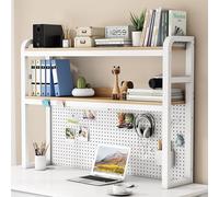 OOPDNEGAK Industriel Bibliothèque De Bureau À 2 Niveaux - Étagère De Rangement en Bois Et Métal, Étagères de Rangement pour Bureau à Domicile avec Panneau perforé(White,115X32X90CM)