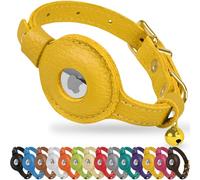 OOPSDOGGY Collier AirTag en cuir pour chat avec clochette - Collier anti-rupture avec support Air Tag - Collier GPS léger pour animal domestique, chat, petit chien, chiot, unisexe (jaune)