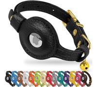 OOPSDOGGY Collier AirTag en cuir pour chat avec clochette - Collier anti-rupture avec support Air Tag - Collier GPS léger pour animal domestique fille, garçon, chat, petit chien, chiot (noir)