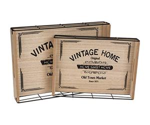 ootb Lot de 2 plateaux avec inscription « Vintage Home » en bois et métal, env. 34 x 24,8 cm et env. 28 x 20 cm