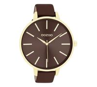 Oozoo C11656 Montre pour femme avec bracelet en cuir marron Sunray Cadran marron Aiguilles et index dorés Boîtier en métal doré Verre minéral Mouvement à quartz japonais 48 mm