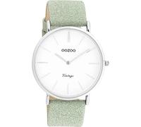 Oozoo Montre-bracelet vintage avec bracelet en cuir à paillettes plate de 40 mm de diamètre dans différentes variantes, Argenté/blanc/vert clair, groß, bracelet