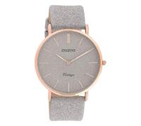 Oozoo Montre-bracelet vintage pour femme avec cadran brillant et bracelet en cuir plat de 40 mm de diamètre dans différentes variantes, Or rosé, gris argenté, paillettes, sangle