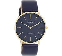 Oozoo Montre vintage pour femme - Montre bracelet pour femme avec bracelet en cuir de 20 mm - Montre analogique ronde, Bleu foncé/doré, Sangles
