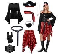OPAEHJF Lot de 9 costumes de pirate pour femme - Robe d'Halloween - Robe - Bandana - Corset - Ceinture - Cache-œil - Corset Renaissance - Costume de pirate - Costume de cosplay (Noir, S)