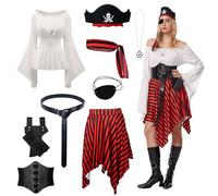 OPAEHJF Lot de 9 costumes de pirate pour femme - Robe d'Halloween - Robe - Bandana - Corset - Ceinture - Cache-œil - Corset Renaissance - Costume de pirate - Costume de cosplay (Blanc, S)