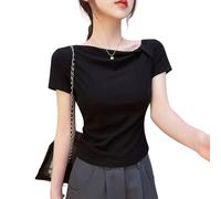 OPAKSENC T-shirts d'été asymétriques pour femmes à manches courtes, tendance Y2K, à porter pour sortir, vêtements mignons et basiques,Noir,M
