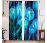 Opaque à Oeillets Rideau Isolant et Anti Froid et Chaleur Plantes Fantastiques Champignons Lumineux Rideau Occultant pour Salle à Manger Salon Chambre à Coucher, Bleu, 140L x 160H cm, 2 Panneaux