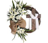 Opatiny Couronne de Pâques avec guirlande de croix, 35 cm, faux lys et vigne de verdure, décoration pour la maison ou la fête, comprend un nœud en toile de jute et des cloches blanches/violettes