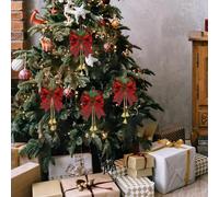 Opatiny Lot de 6 nœuds de Noël à carreaux de buffle avec pommes de pin et clochettes pour décoration de vacances, décorations de sapin de Noël rouges et noires avec ruban, environ 16 x 13 cm