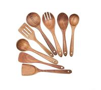 Opatiny Lot de 8 ustensiles de cuisine en bois naturel avec long manche pour remuer la soupe et le riz, ustensiles de cuisine chauds, 4/6/8 pièces