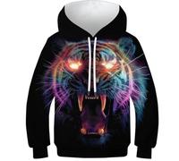 OPCALIS 3D Impression Garçon Fille Hoodie Tigre Sweatshirt Tigre Head Pull Manches Longues Novelty Mit Pockets 12-14Y