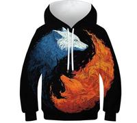 OPCALIS 3D Impression Teen Girl Boy Wolf Hoodie Glace et feu Sweatshirt Pull Manches Longues Casual 11-13Y