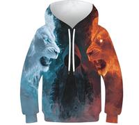 OPCALIS Enfant Hoodie Ice and Fire Lion Sweatshirt Animals 3D Imprimé Pullover Manches Longues Novelty 10-12Y