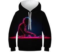 OPCALIS Garçons Filles Hoodie Garçon DJ 3D Printed Pullover Pull Manches Longues Sweatshirt Thème néon avec Poche Enfants Teen Casual Novelty 12-14Y