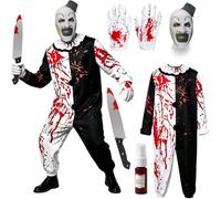 OPEIXSAYKOC 5 Pièces Deguisement Halloween Horreur, Art the Clown Costume | Masque de Clown Terrifier avec Mini Chapeau, Costume Terrifier Adulte, Gants Sanglants, pour Killer Clown Role Player