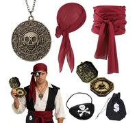OPEIXSAYKOC 6 Pièces Accessoires de Costume de Pirate, Bandana de Pirate Ceinture de Cache Oeil Collier, Boussole et sac d'Argent, Deguisement Pirate Homme et Femme pour Carnaval Halloween