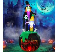 Opemon Décoration de cour gonflable de sorcière d'Halloween de 2,4 m avec lumières LED intégrées, décoration d'extérieur effrayante pour fête de vacances, jardin, pelouse, cour, porche, maison