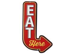 Open Road Marques 90151356 Die Cut en Relief Tin Sign, Eat Here flèche